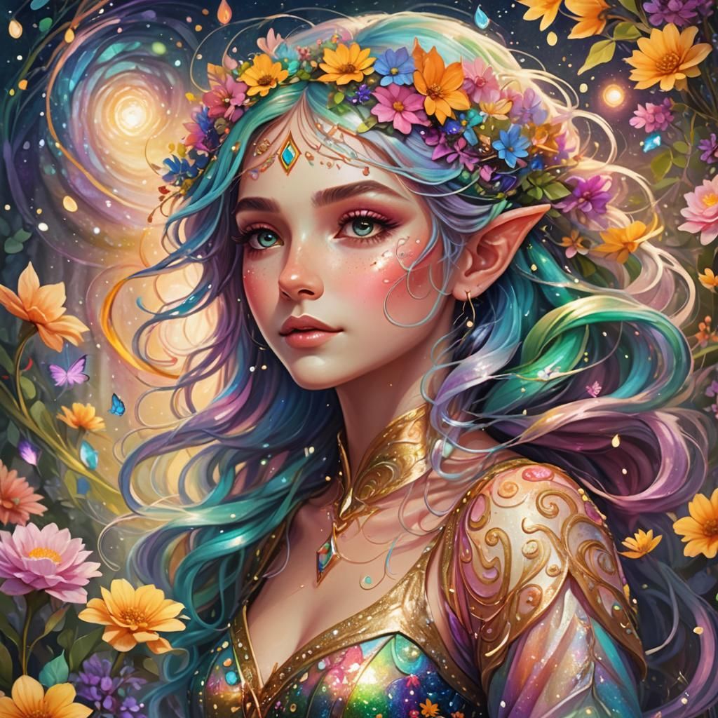 Magical Elf Princess in Rainbow Vortex: Fantasy Art
