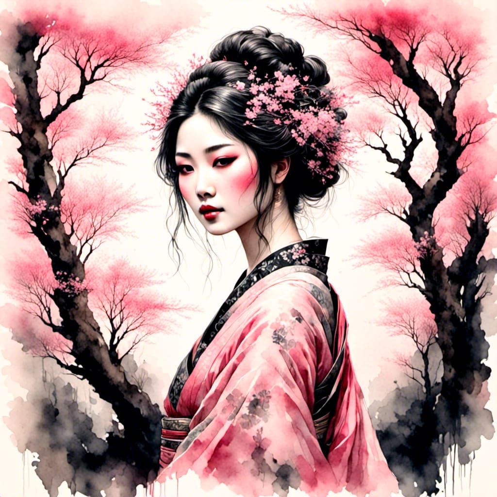 Geisha Silhouette Amongst Cherry Blossoms in Encaustic Style