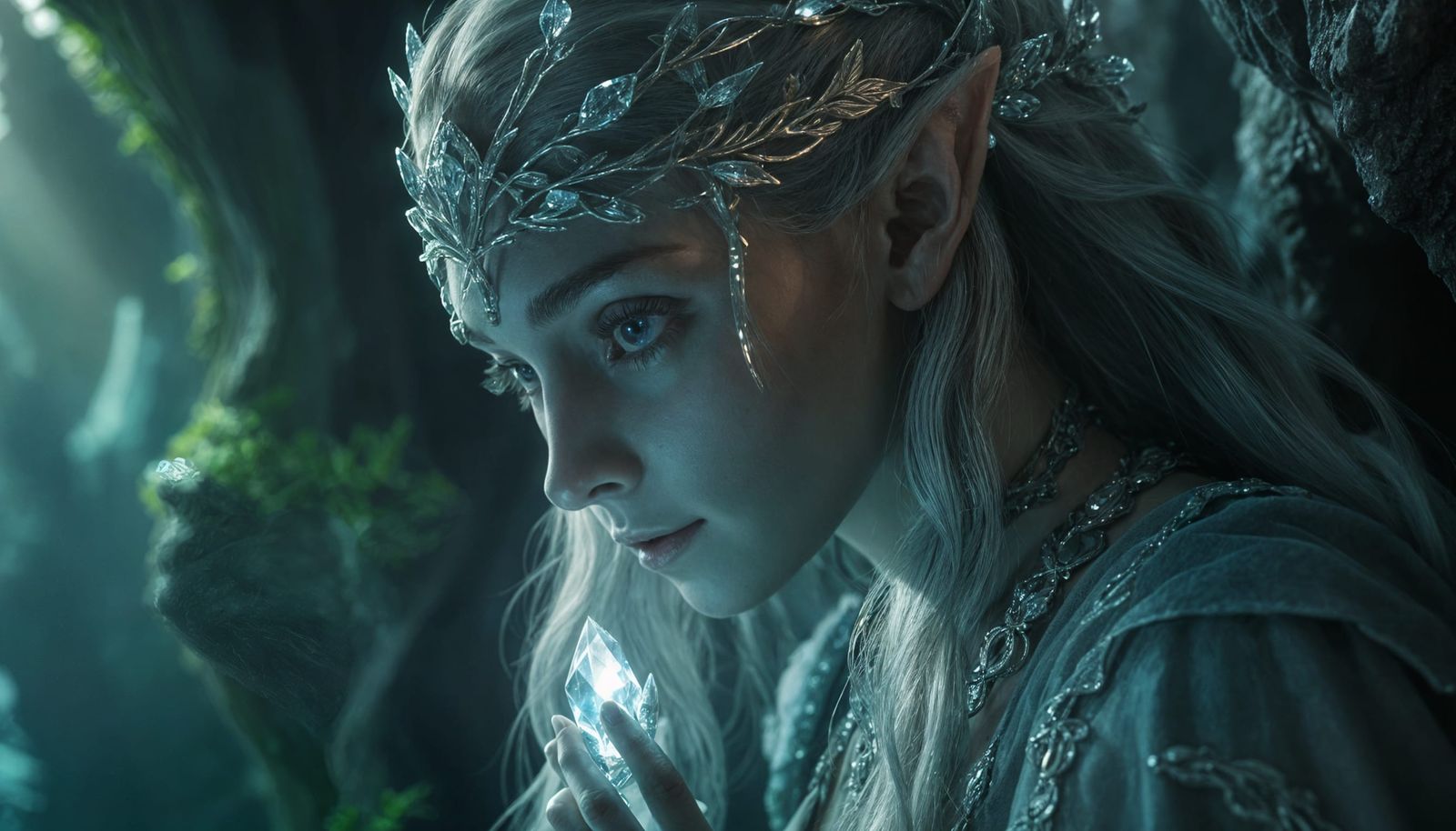Ethereal Elven Maid in Grotto Holding Crystal