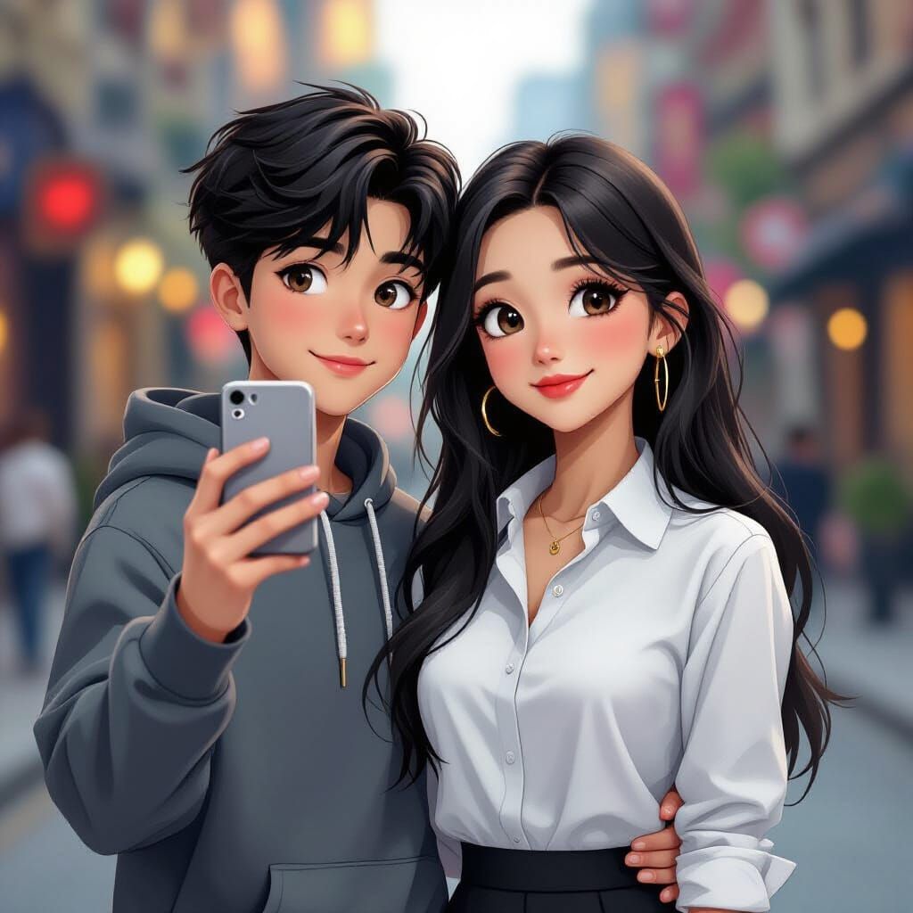 Joyful Couple Selfie with Art Nouveau Flair