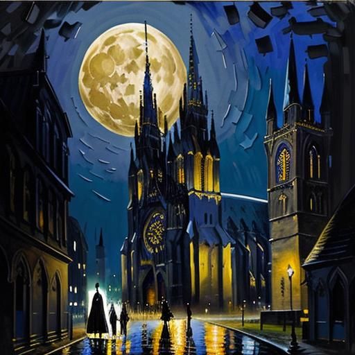 Gothic Cathedral Pallet Knife Painting Under Moonlight