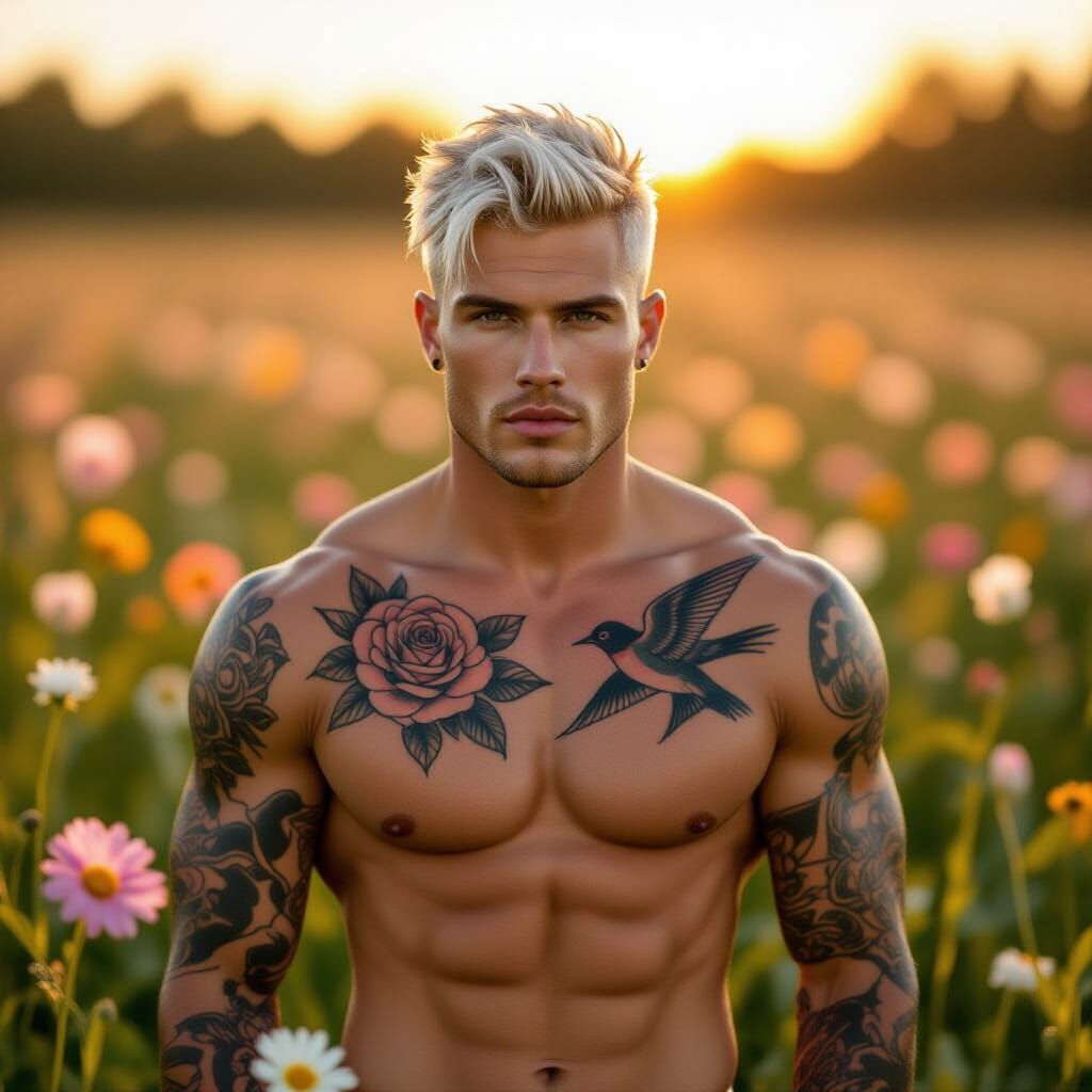 Male Model in Flower Meadow, Fashion Editorial Style