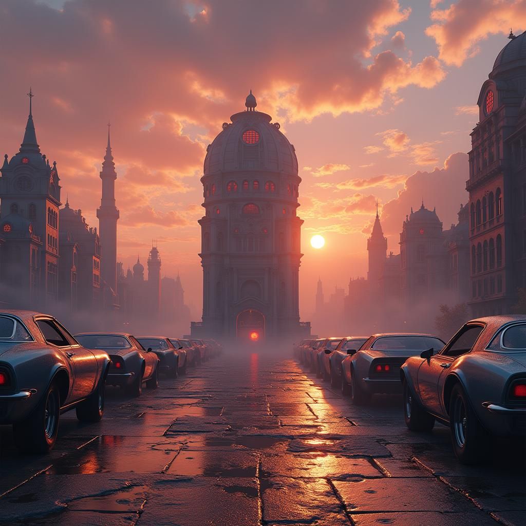 Time Machine in Ancient City with Steampunk Cars