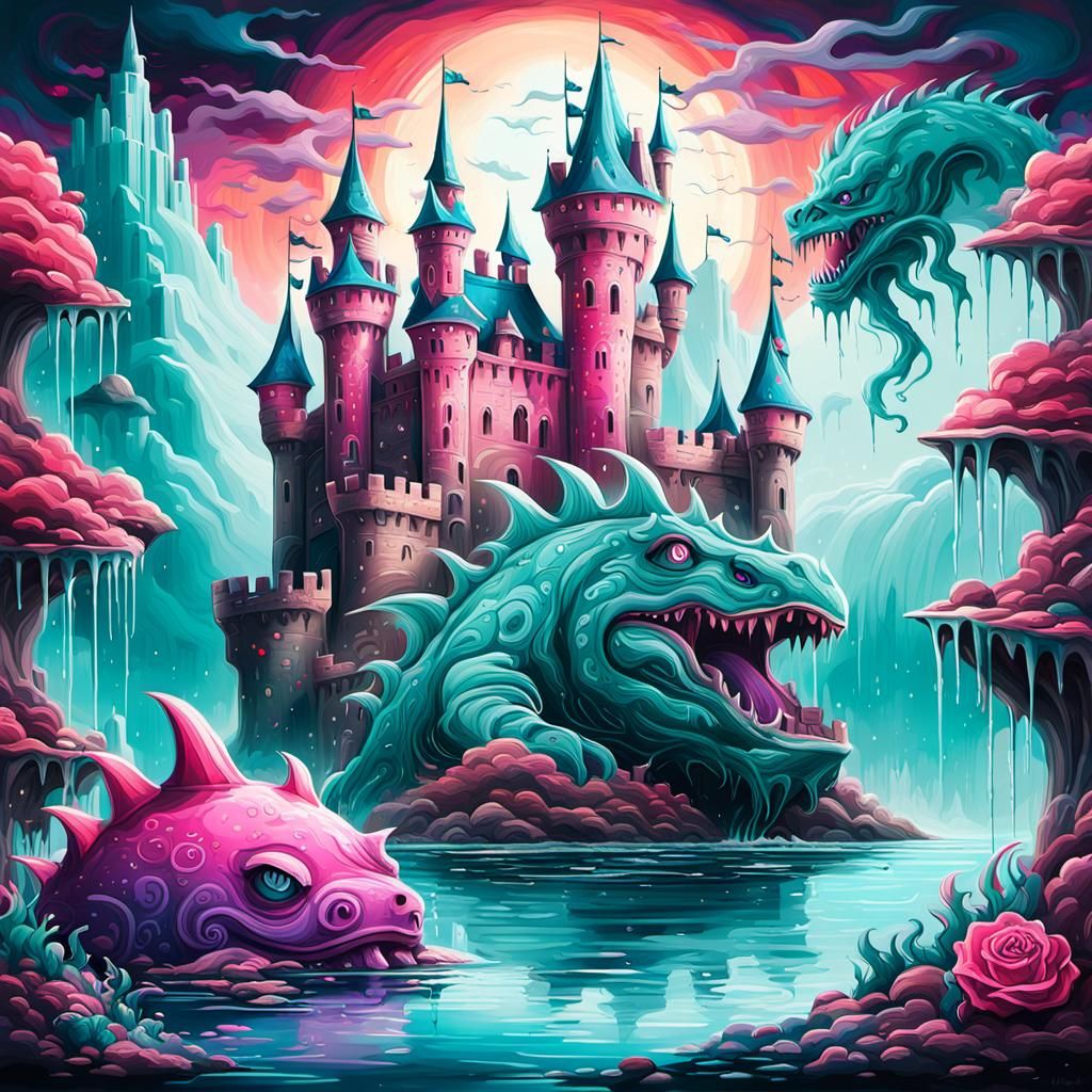 Fantasy Castle with Aqua Monster in Graffiti Art Style