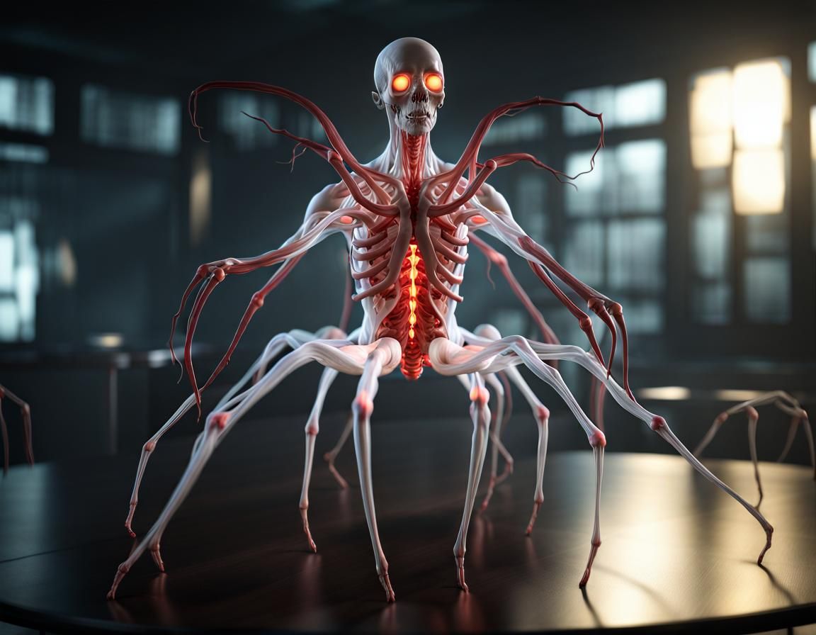 Luminous Multi-Armed Creature in Dark Lab, Surreal Art