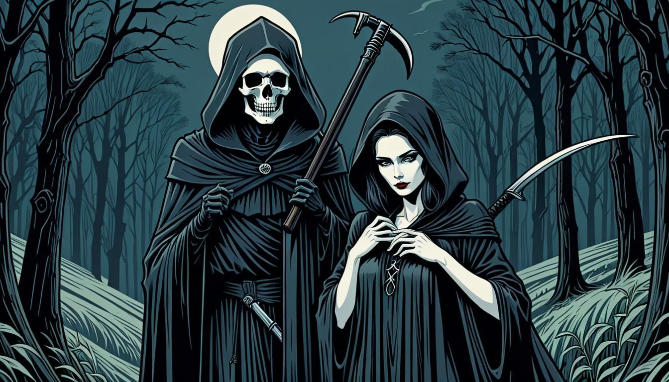 Grim Reaper and a beautiful young woman. The woman is not dr...