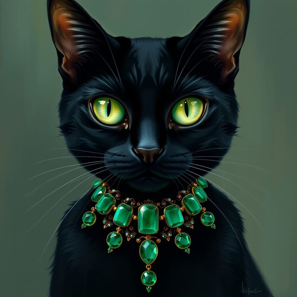 Luxurious Black Cat with Emerald Necklace