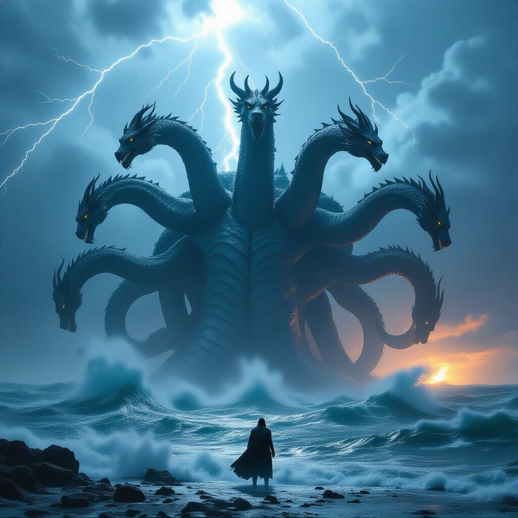 Colossal Multi-Headed Hydra Emerges From Stormy Sea
