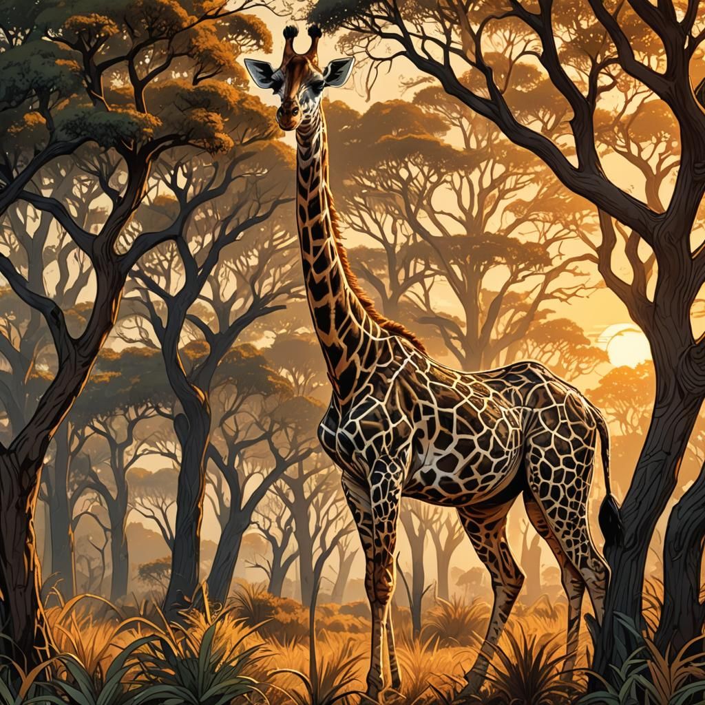 Golden Giraffe in Savannah: Comic Book Art