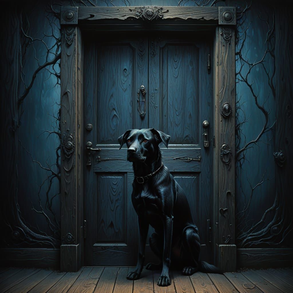 Eerie Canine Entity at Ancient Door in Dark Fantasy Style