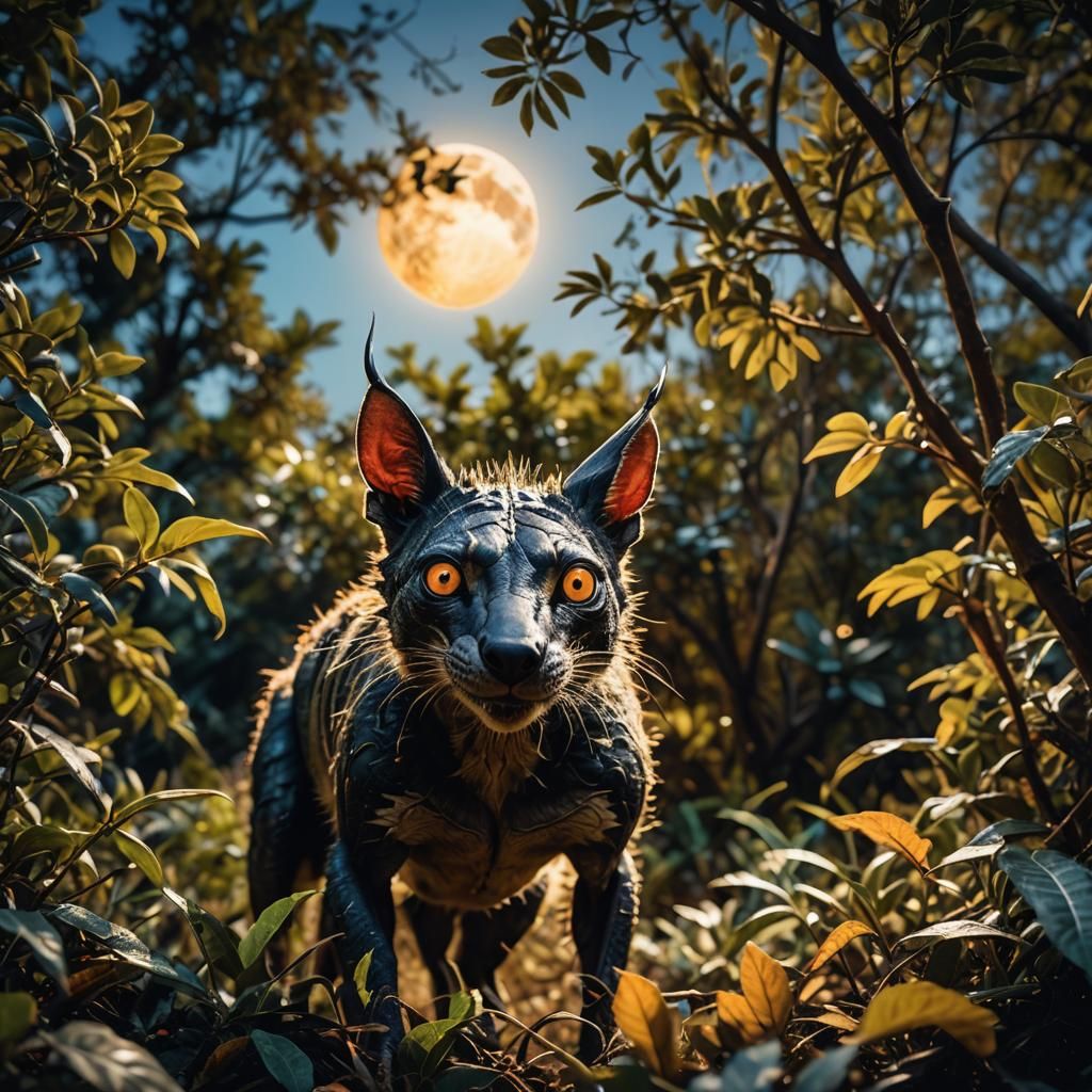 Eerie Chupacabra in Bush Under Full Moon