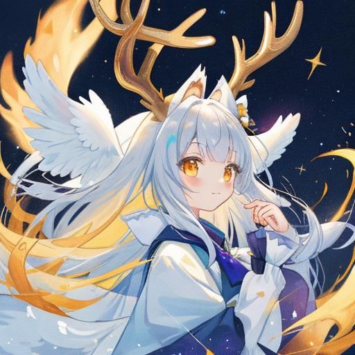 Elegant Fox Girl with Antlers and Galaxy Wings
