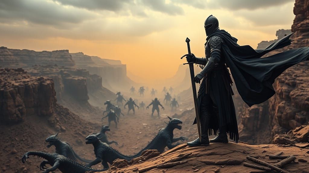 Brooding Swordsman Stands at Edge of Desolate Canyon, Sword....