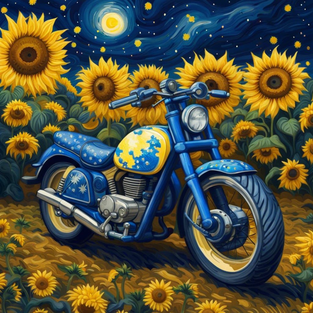 Sunflower Field Motorcycle in Van Gogh Style