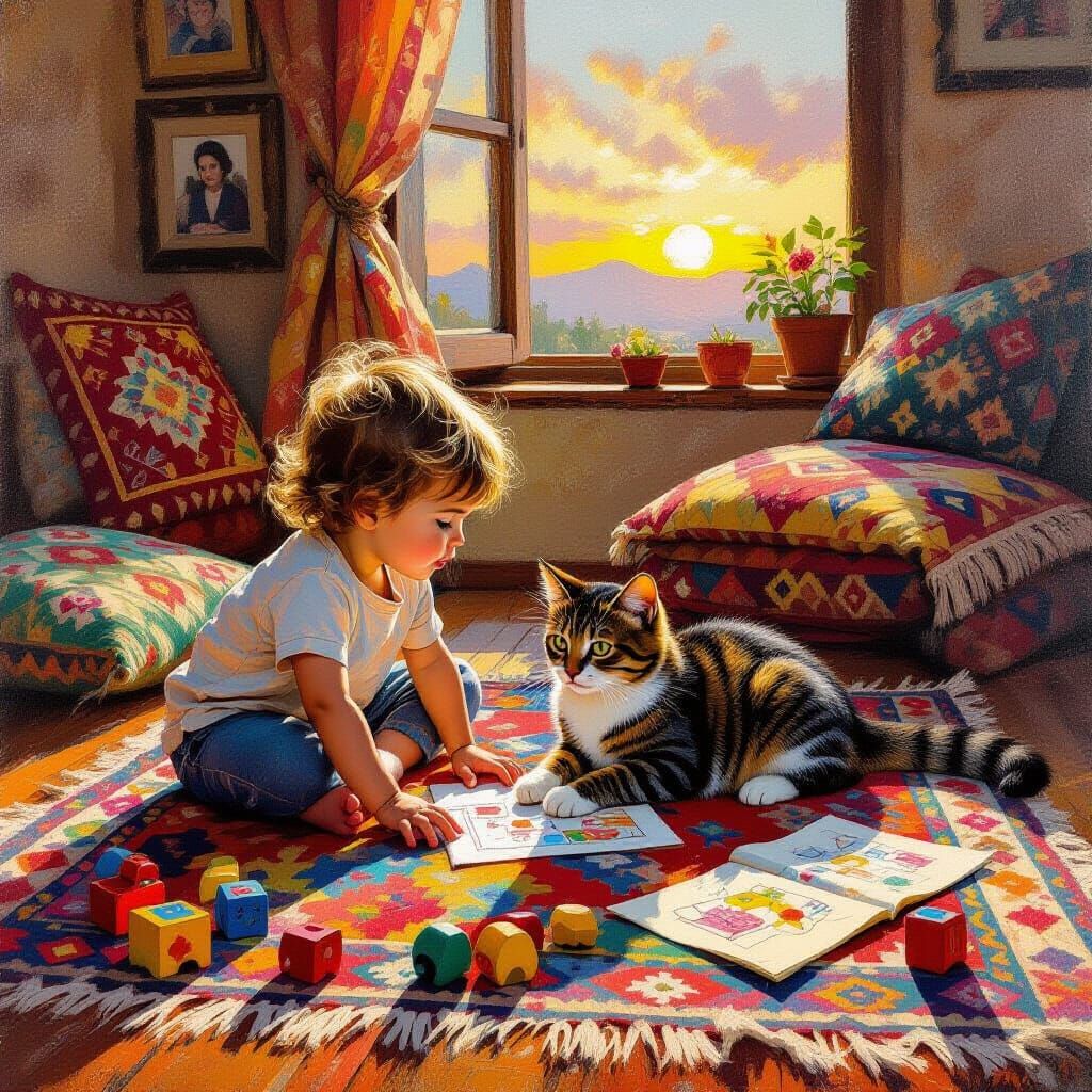 Child and Cat's Cozy Conspiracy: Impasto Painting