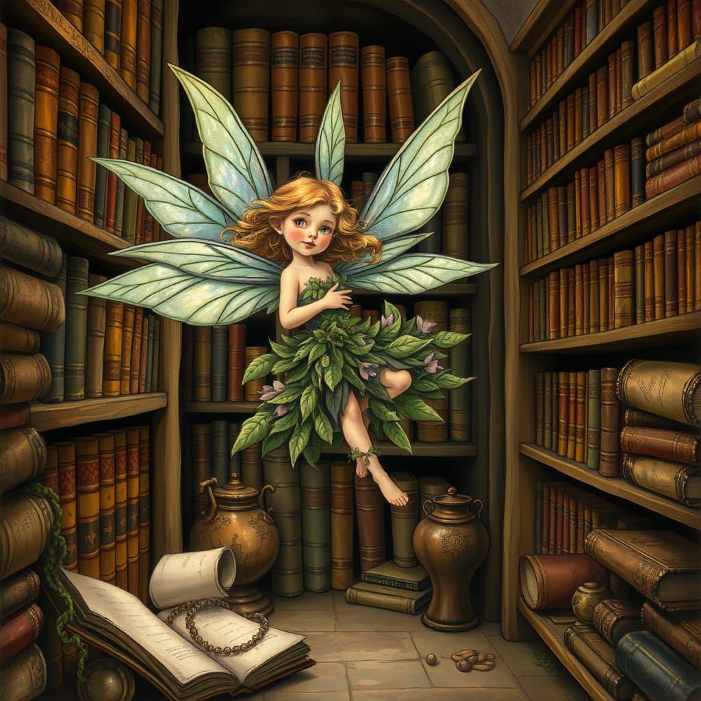 Whimsical Pixie in Ancient Library with Enchanted Artifacts