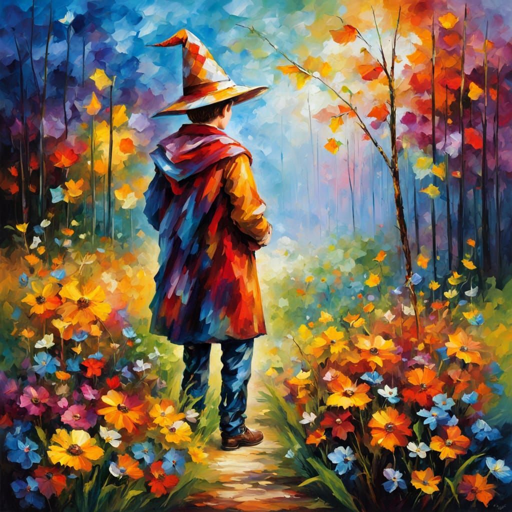 Boy Wizard Amidst Wildflowers in Impressionist Style