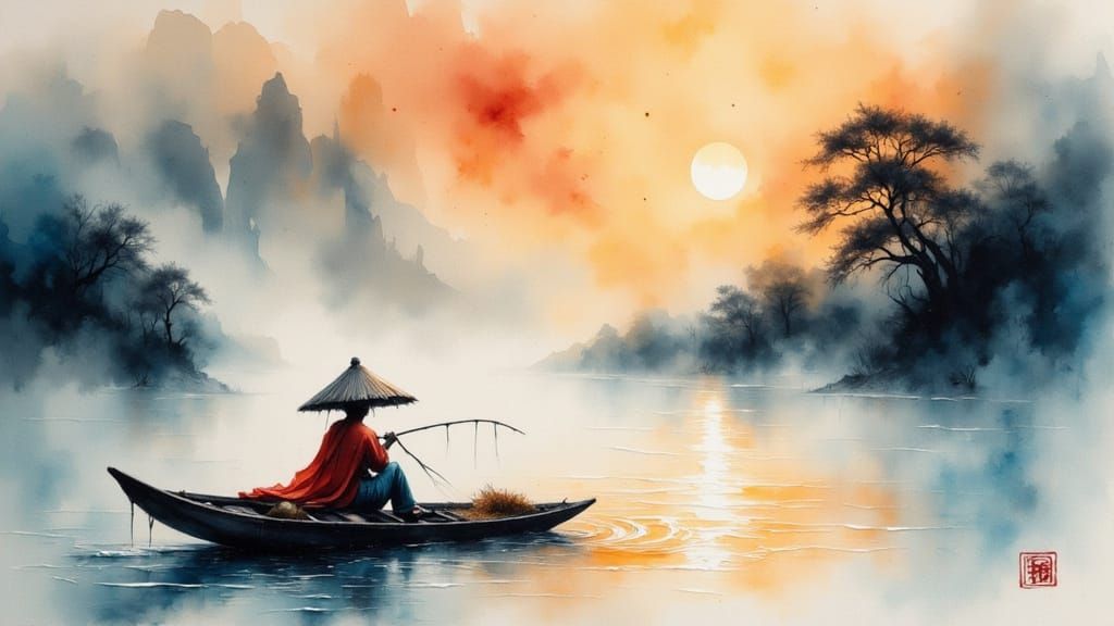 Misty Watercolour Sunset: Chinese Fisherman on Boat