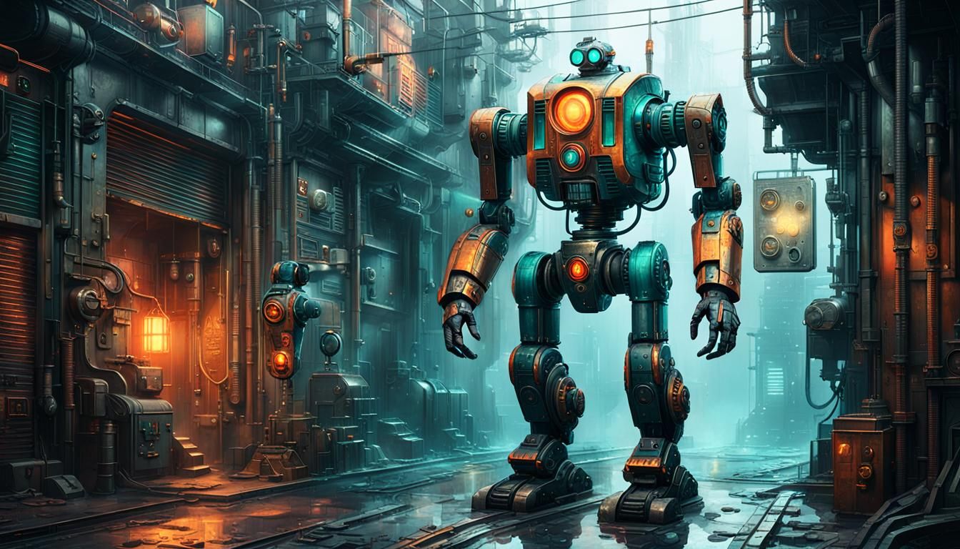 Steam-Powered Robot in Cyberpunk Industrial Alleyway