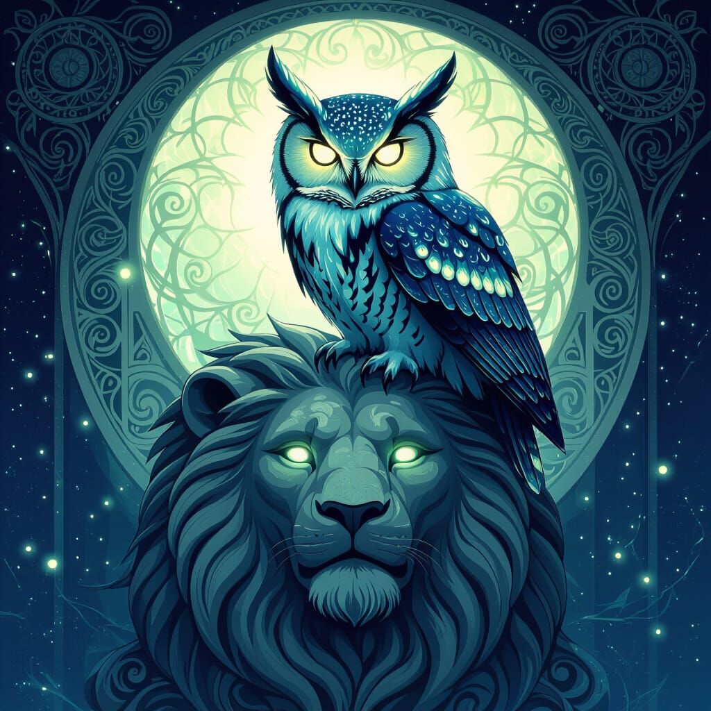 Bioluminescent Owl Perched on Stone Lion, in Art Nouveau Sty...