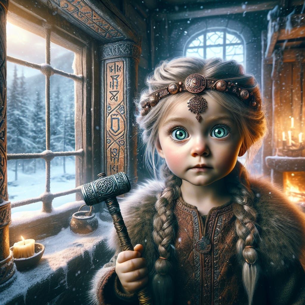 Fierce Viking Girl with Hammer in Odin's Temple