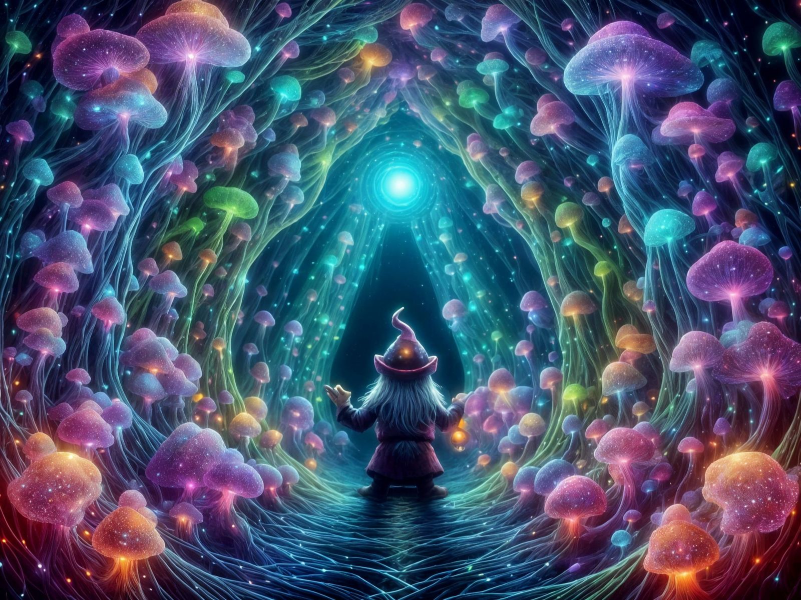 Dwarf Exploring Bioluminescent Fungal Tunnel, Digital Painti...