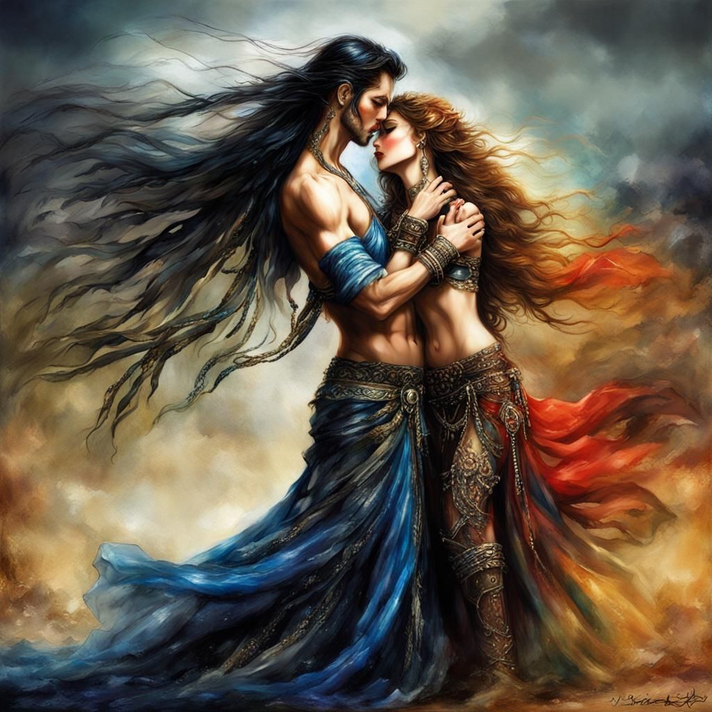 Passionate Kiss Between Goddesses in Luis Royo Style