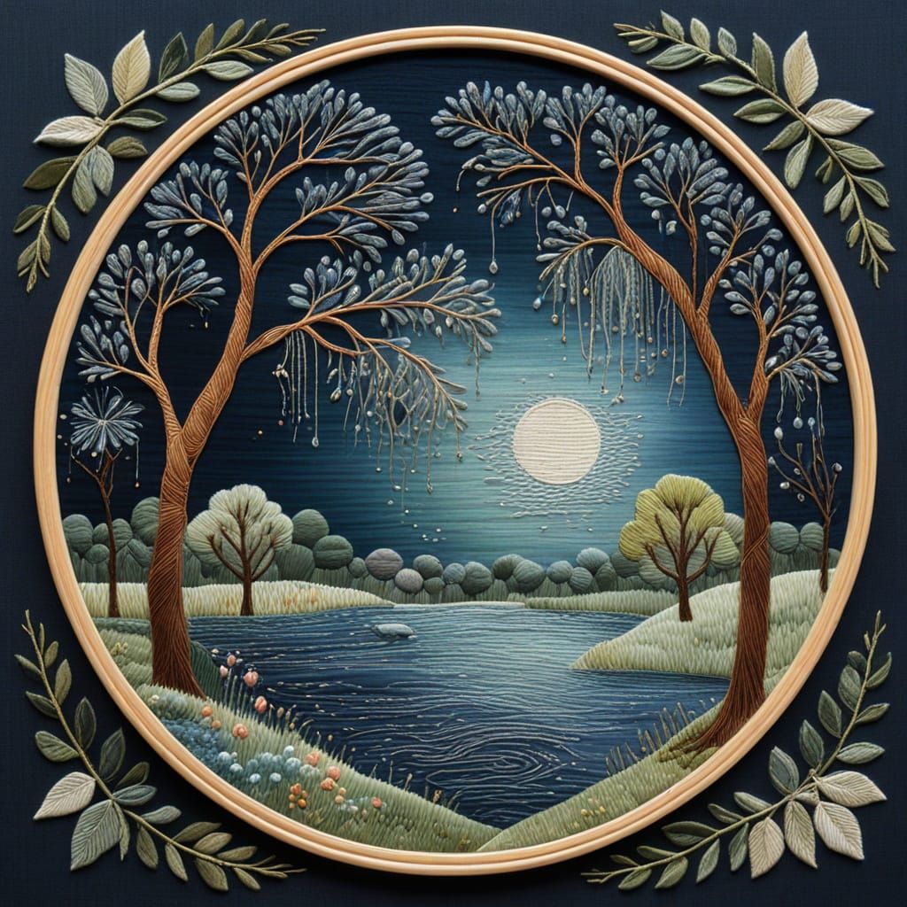 Whimsical Silk Embroidery of a Serene Willow Pond