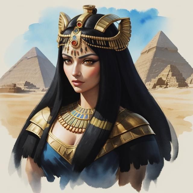 Cleopatra on Throne in Gouache Watercolor Style