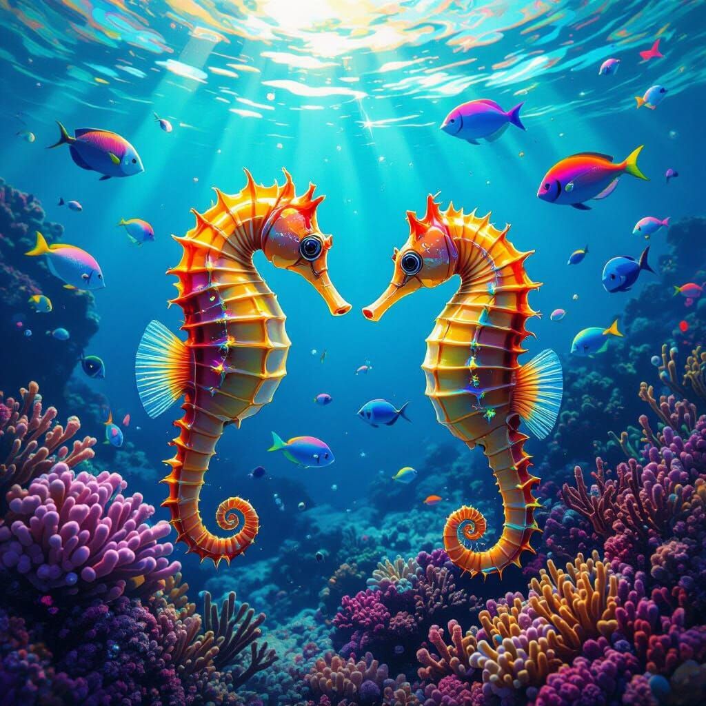 Seahorses in Vibrant Coral Reef with Neon Accents