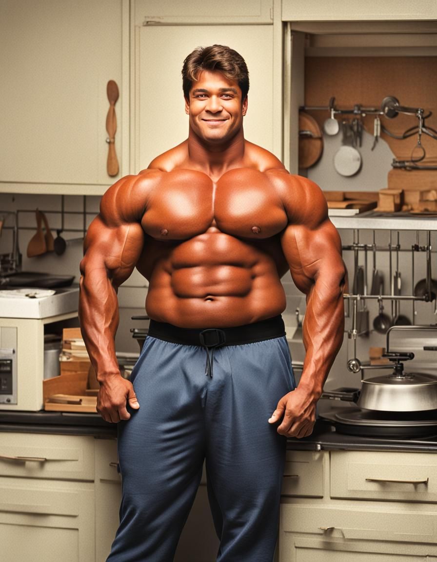 Male Bodybuilder with Distended Belly in Kitchen
