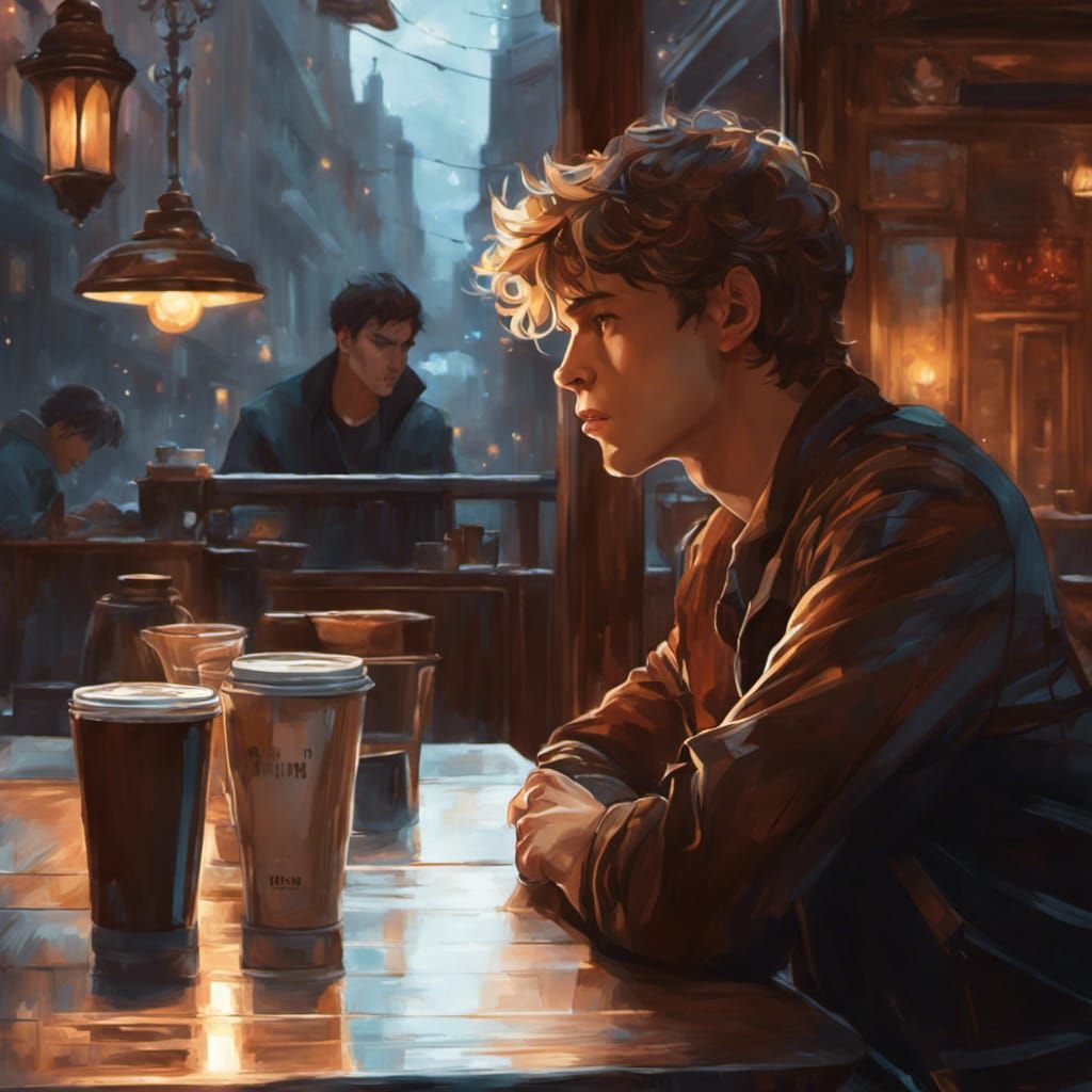 Sad Teenager at Coffee Shop, Digital Art Portrait
