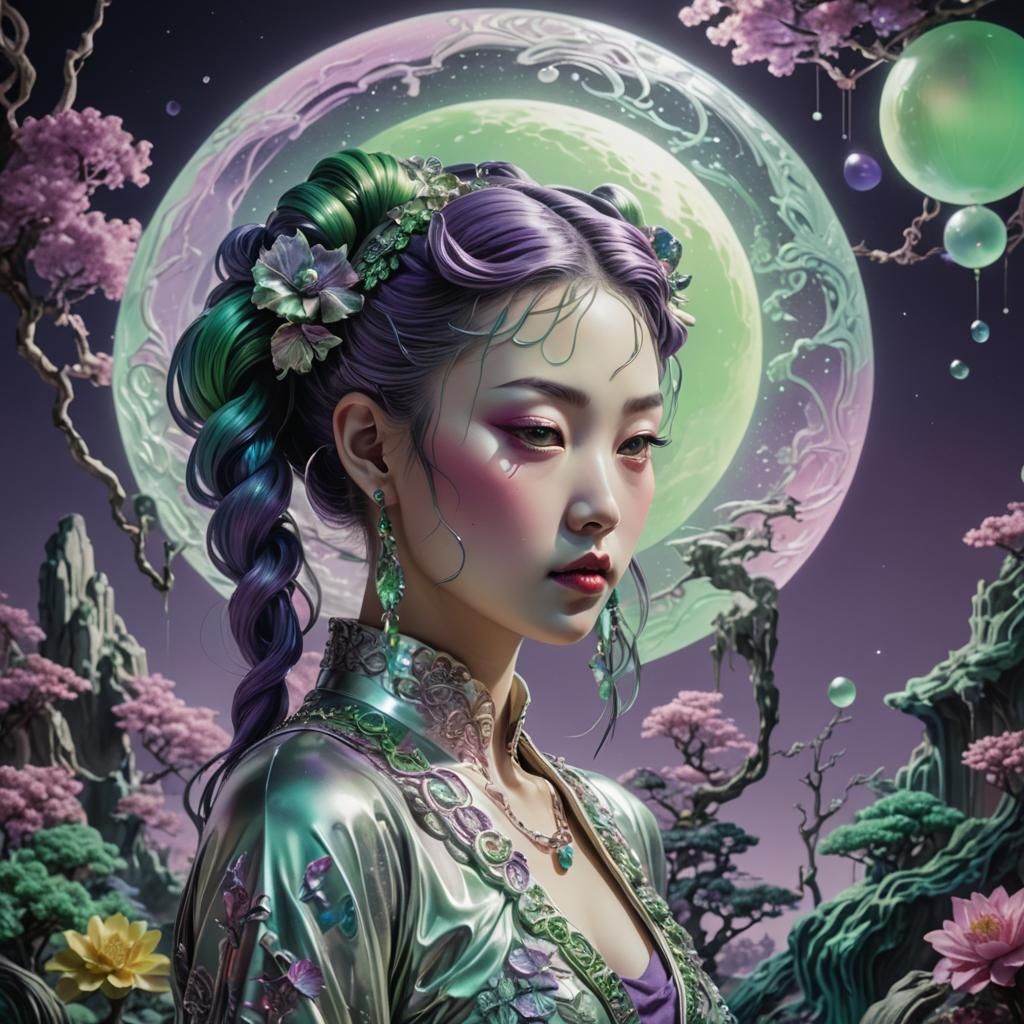 Surreal Cut-Glass Woman in Dreamy Synthwave Scene