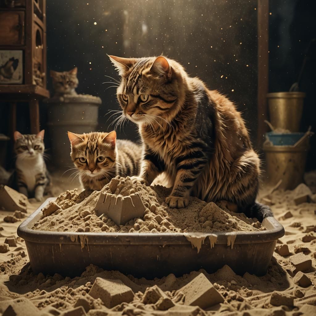 cats making sand castles in litter box Epic cinematic brilliant stunning intricate meticulously detailed dramatic atmosp...