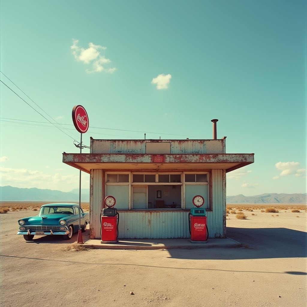 Uma pintura digital fotorrealista retratando uma cena nostálgica no deserto dos Estados Unidos, evocando a estética das ...