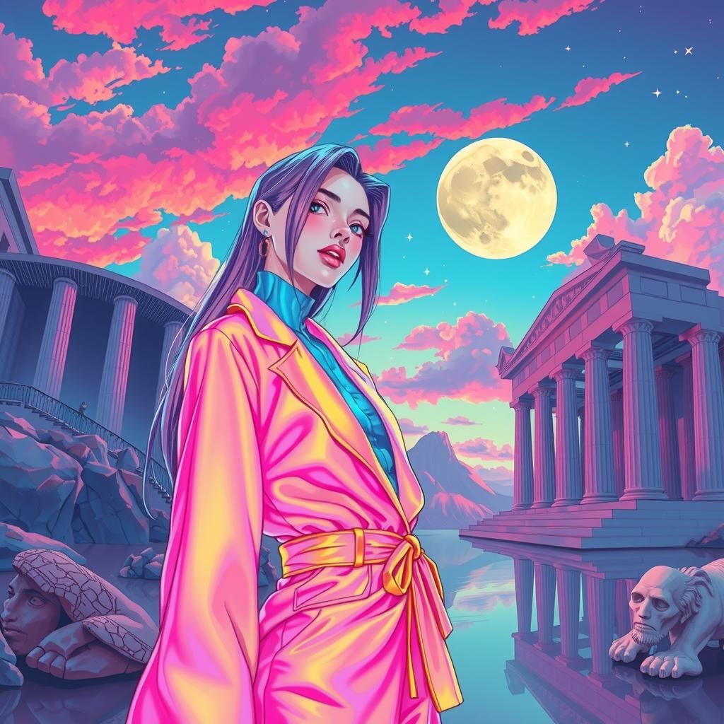 Retro-Futuristic Woman in Vaporwave Dreamscape