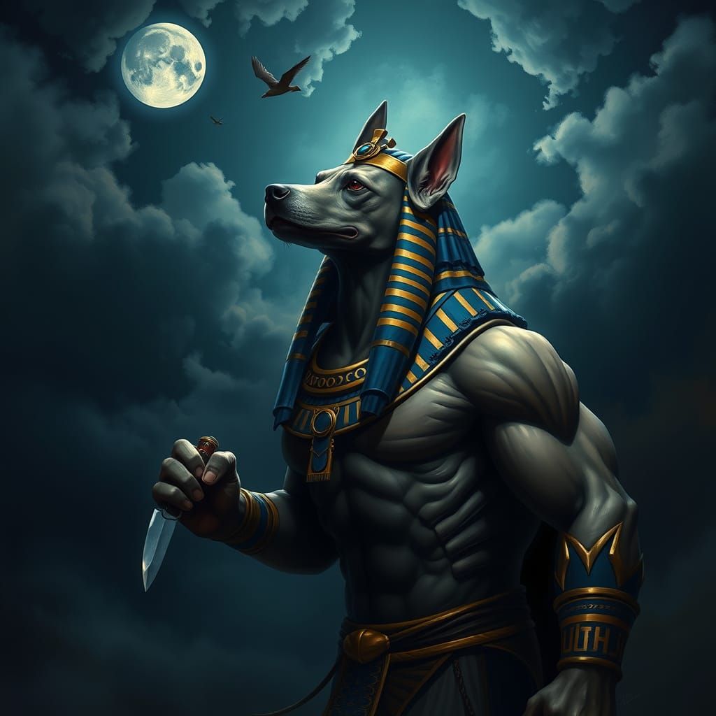 Muscular Egyptian Dog with Headdress Under Moonlit Sky