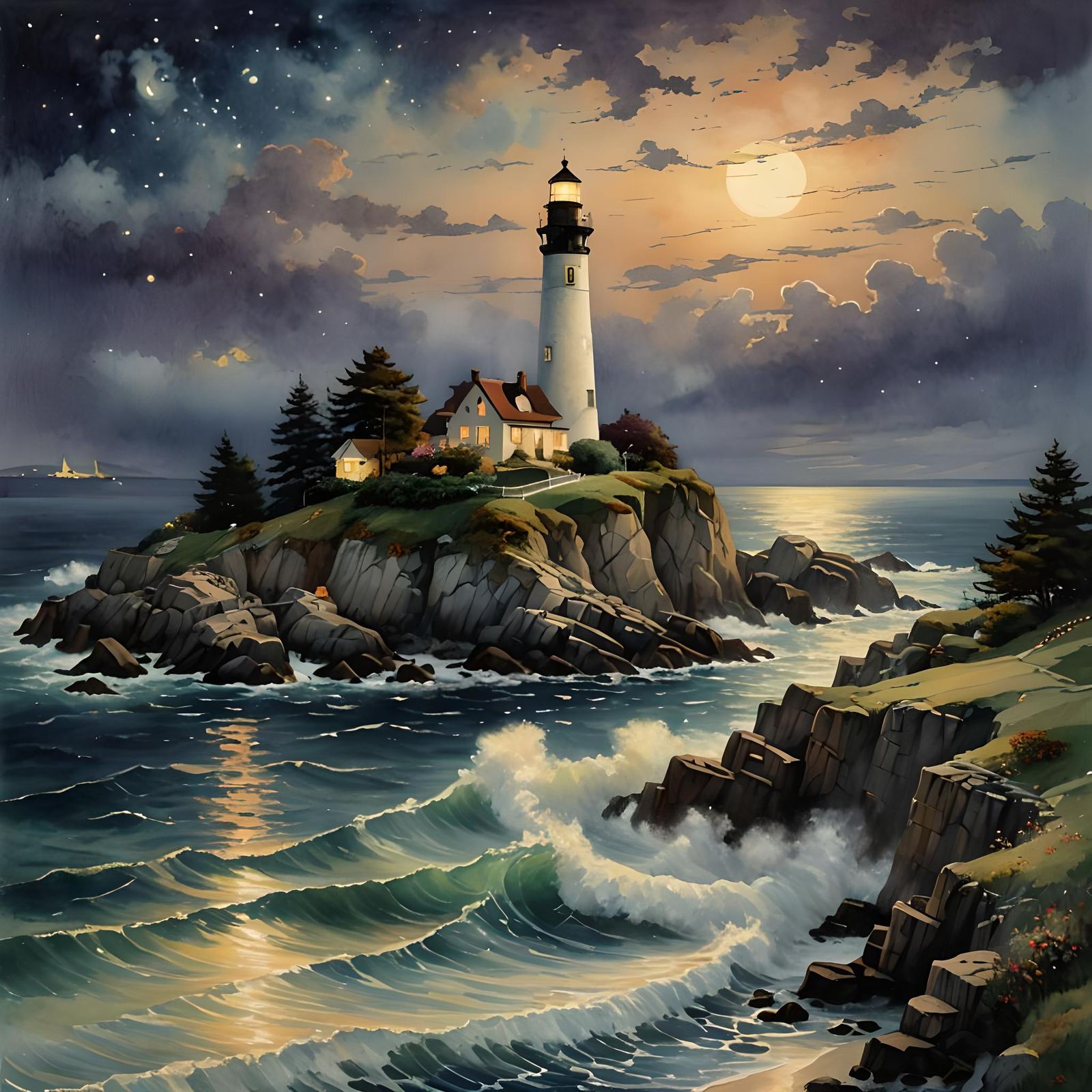 Lighthouse at Night in Art Nouveau Style