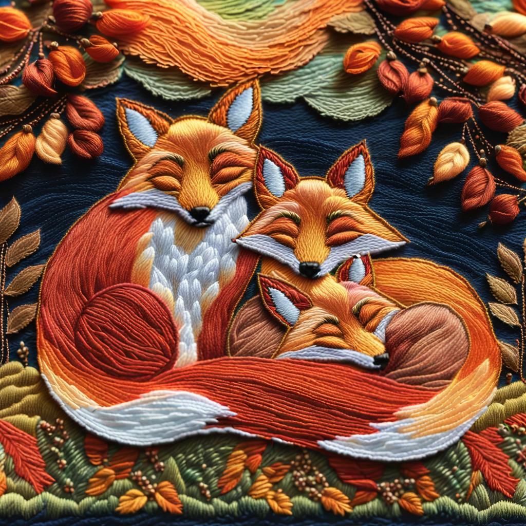 Thread Embroidered Foxes in Autumnal Forest