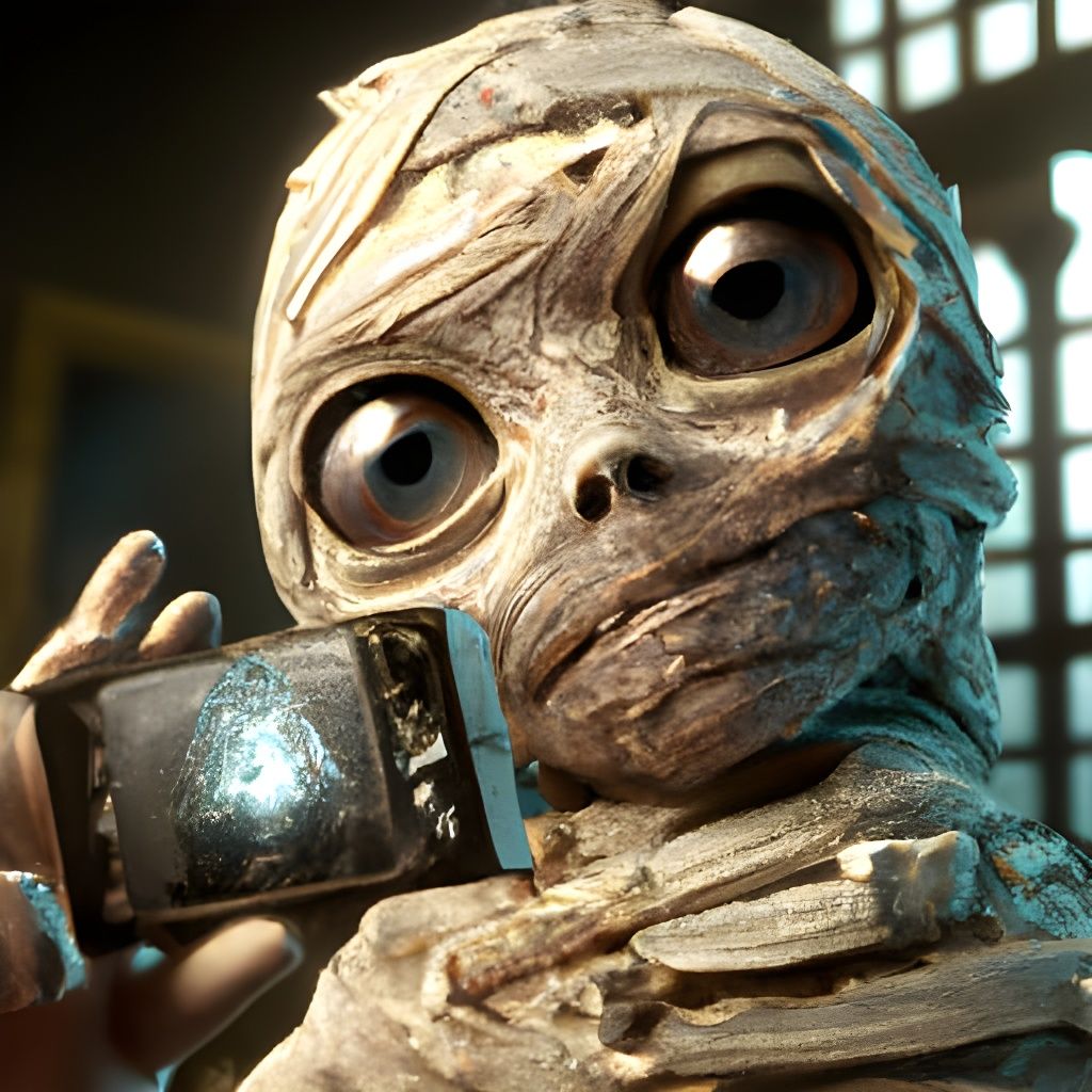 Mummy wrapped in bandages taking a silly afterlife selfie
