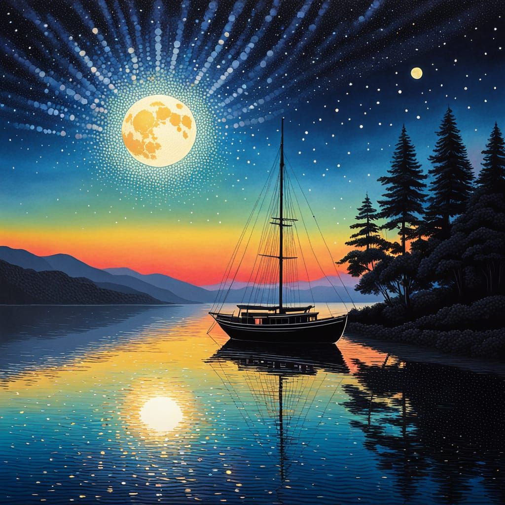 Pointillist Sunrise on a Serene Lake