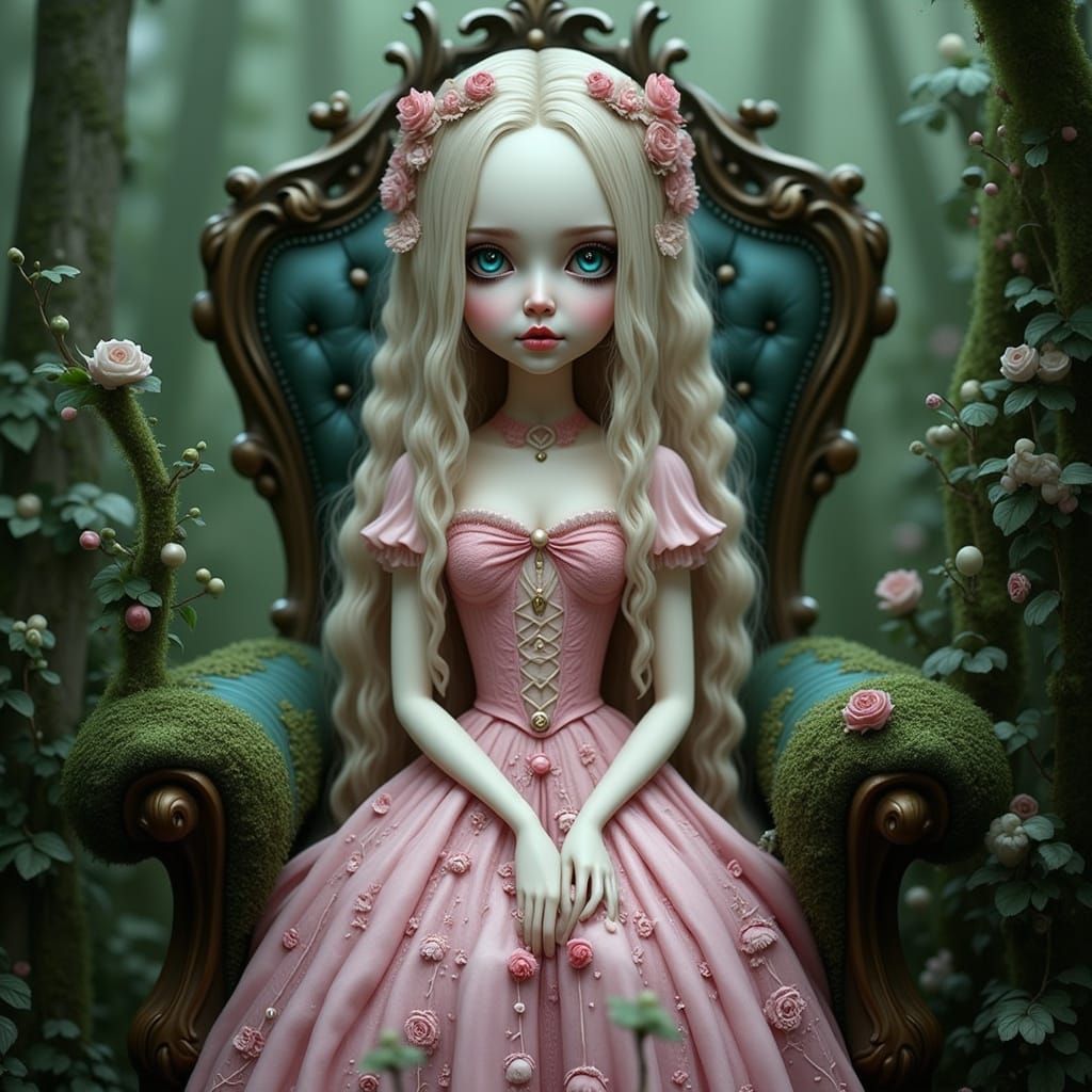 Porcelain Doll on Moss Throne in Ethereal Garden