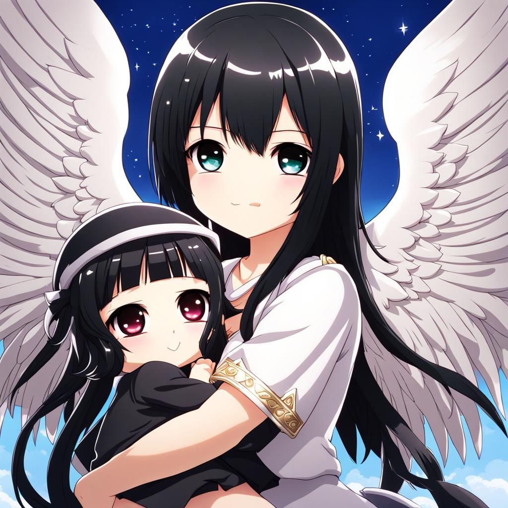 Chibi Angel and Girl Hugging in Anime Style