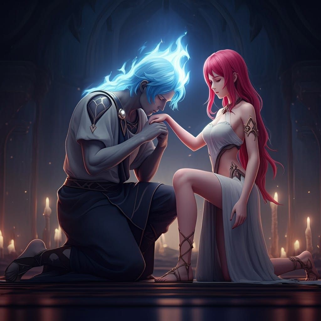 Hades Kneeling Before Persephone in Anime Style