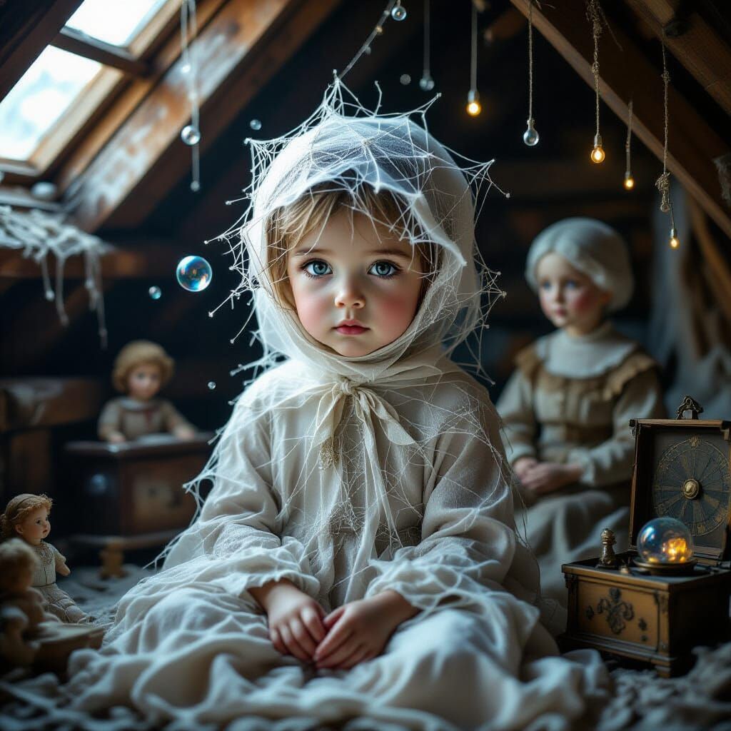 Child Made of Spiderwebs in Dusty Attic