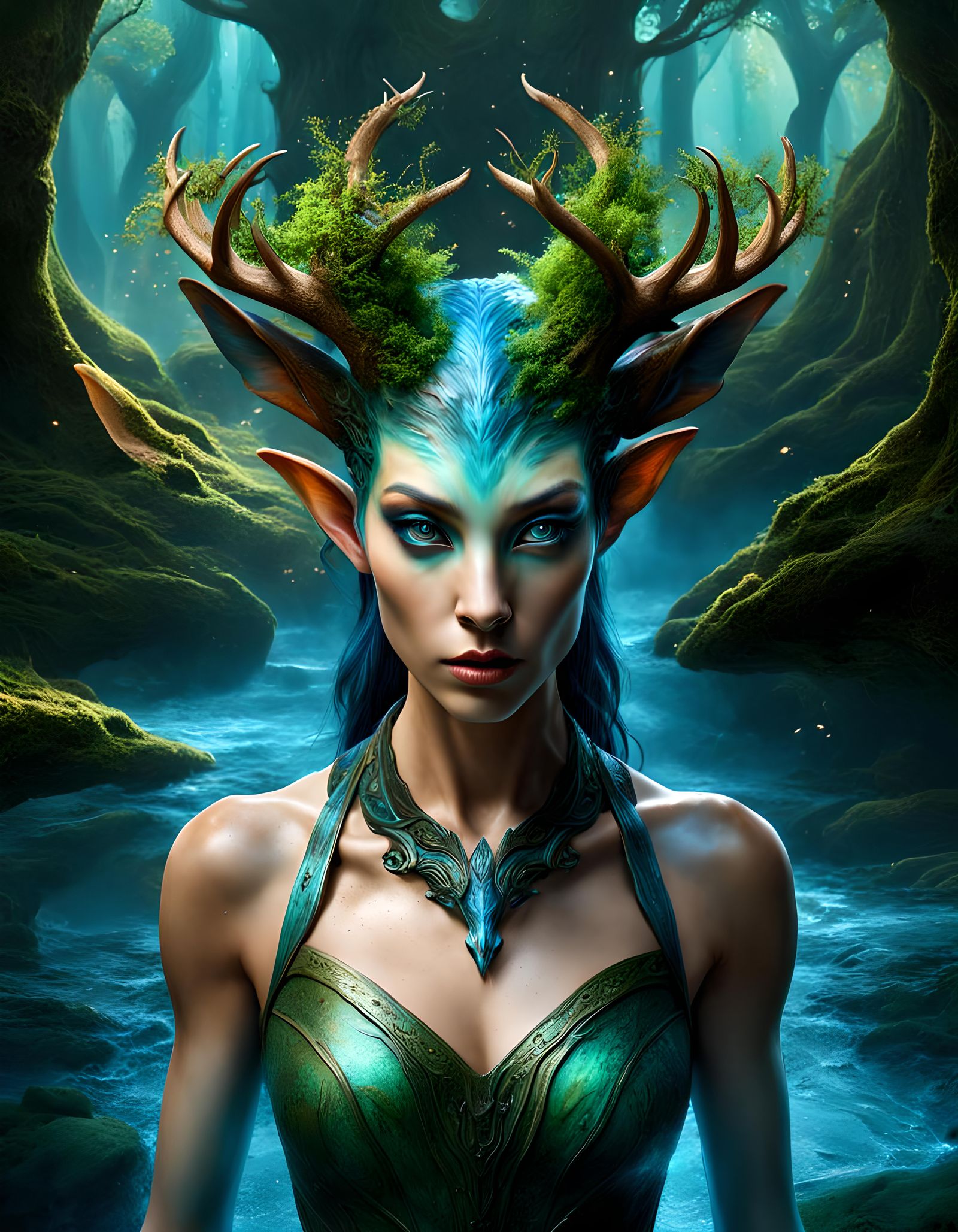 Surreal Elf-Alien Hybrid in Goblincore Fantasy Landscape