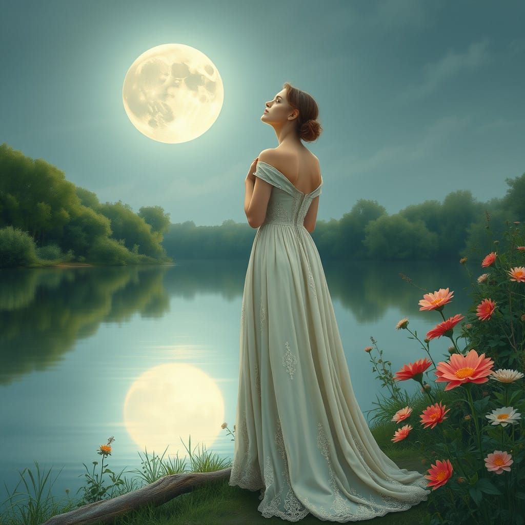 Dreamy Full Moon Goddess in Serene Lake Landscape