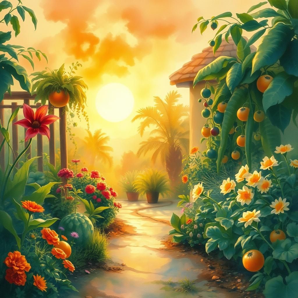 Ethereal Sunset Garden in Impressionistic Watercolor Style