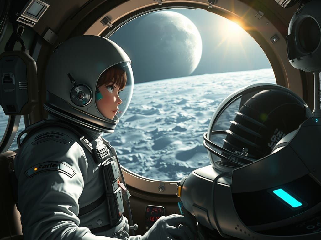 Astronaut Approaching Moon in Futuristic Spacecraft