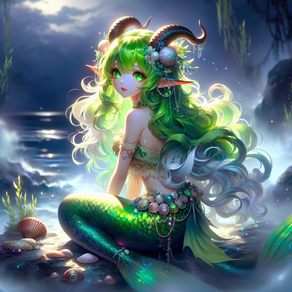 Anime Satyr Mermaid in Foggy Moonlight
